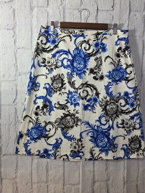 Premise Size 12 Bold Blue Floral Mid Rise Casual Below the Knee Skirt